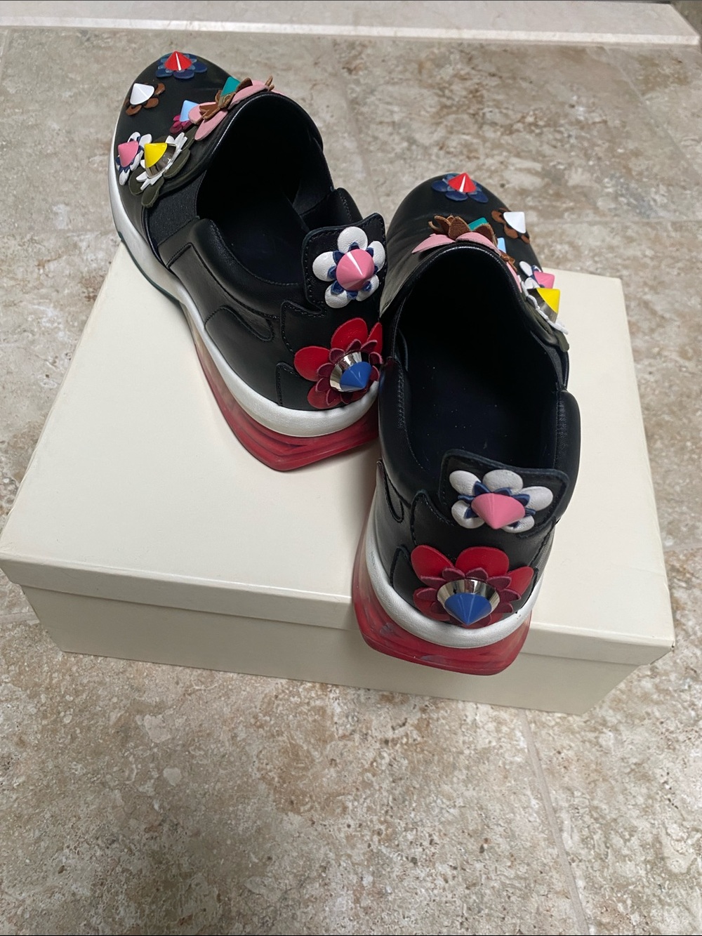 Fendi Black Leather Slip-On Sneakers with Multicolor Floral Appliqués - Picture 3 of 10